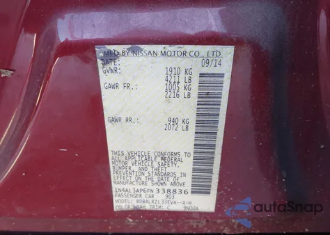 2015 Nissan Altima 2.5 Sl z USA, uszkodzony, nr VIN 1N4AL3AP6FN338836